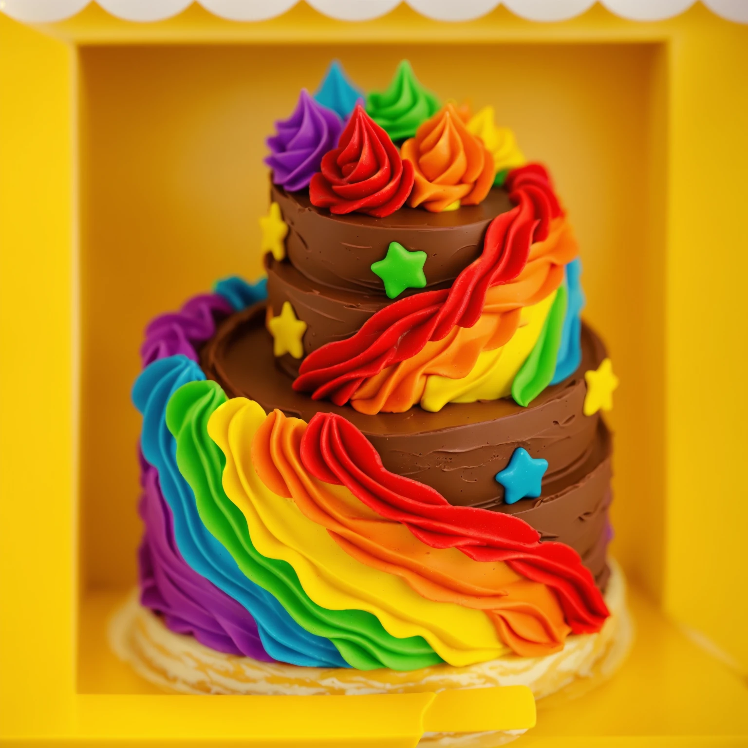 in a yellow plastic box. there is a two-story chocolate cake in the box ((chocolate cream texture, strokes of a pastry spatula)), rainbow cream in stitches, decorated with rainbow stars made of polymer clay, multi-colored cream on top ((cream highlights)), Beautiful light from the window, contour light, Multiple light sources, beautiful lighting, Bright light source, bright lighting, beautiful light sources, Multiple light sources, Realistic style , realistic texture, detailed texture, A high resolution, high quality, realistic photo, ultra hd 4k,