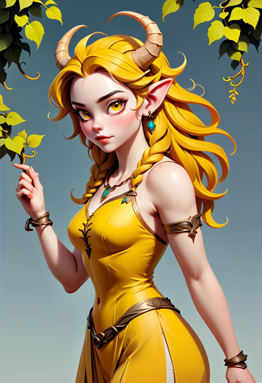 simple style, valorant style,((character concept art)),  yellow medieval summer girl, concept, vines on the hand and horns from vines