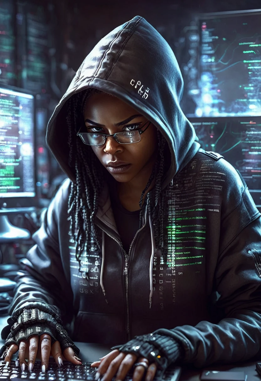 Angry black woman cyber hacker wearing a hood jumper, typing on a computer with computer codes and numbers reflecting on her glasses, she's in a dark room full of computers, 32k, ultra HD, unreal engine rendered, cinematic lighting
