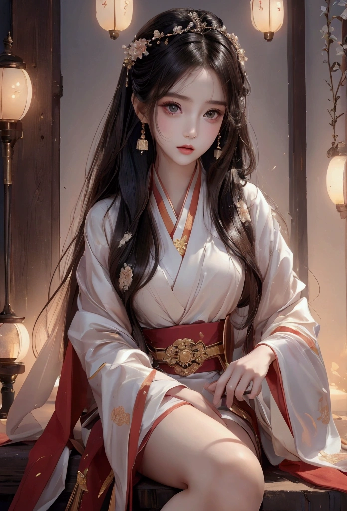 Best image quality、8K、masterpiece:1.3))、Realistic high-quality photos、Highest quality、 Beautiful face、Photos of slim models、Beautiful girl model、Young and pretty face、Beautiful model girl、A lovely and delicate face、Black Hair、Beautiful brown eyes、Young Body、Hanfu, (emphasize)、from the front、Camera gaze,、Anatomically correct、胸の谷間をemphasize、whole body、13-year-old female model