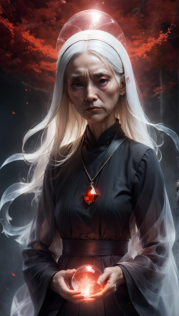 high resolution high quality Reality suspicious Japan nun In front of a round crystal Intimidation Upper Body Looming metallic Transparency Facing forward suspicious雰囲気 Dark atmosphere Upper Body Close-up of face Skinhead Bloodshot 65 years old Voluptuous Plump