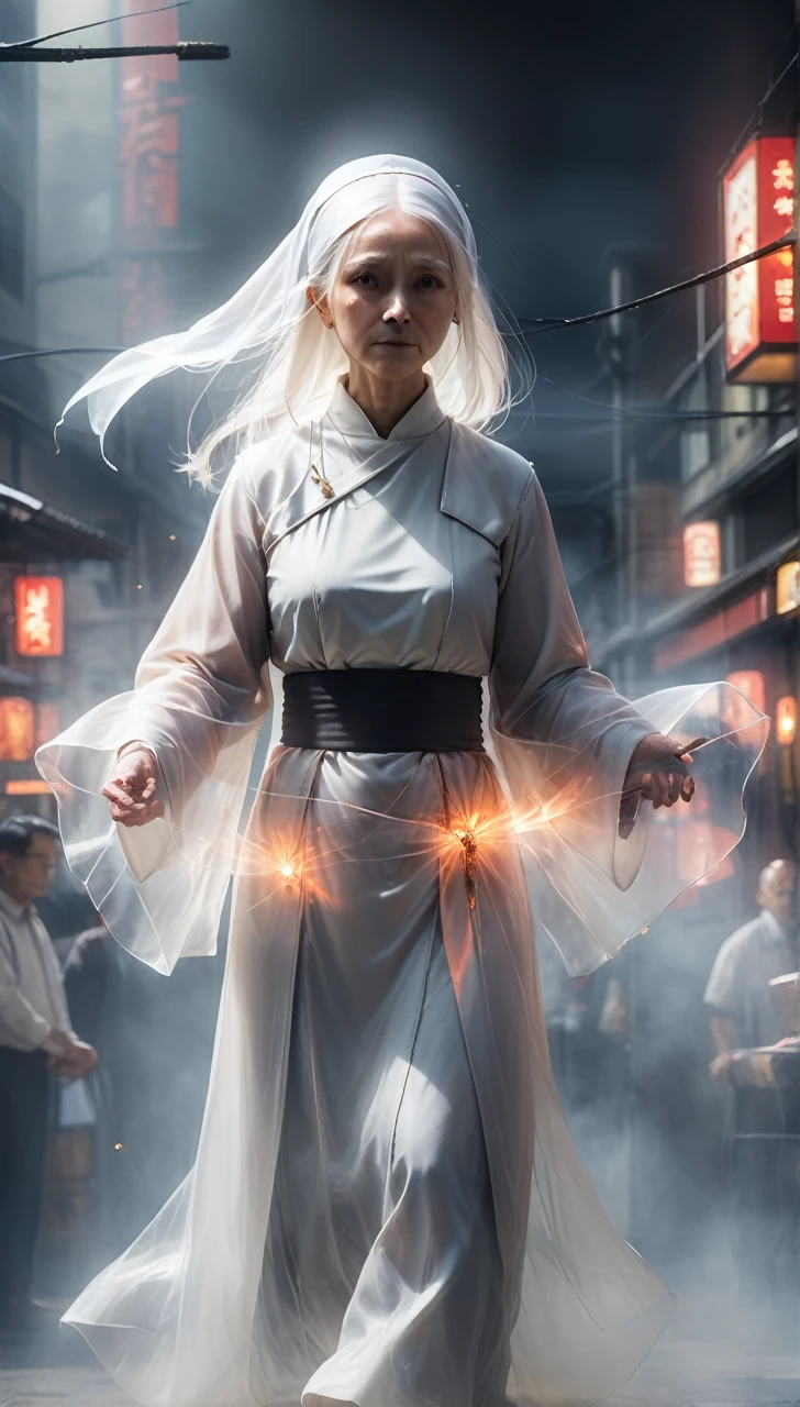 high resolution high quality Reality suspicious Japan nun In front of a round crystal Intimidation Upper Body Looming metallic Transparency Facing forward suspicious雰囲気 Dark atmosphere Upper Body Close-up of face Skinhead Bloodshot 65 years old Voluptuous Plump