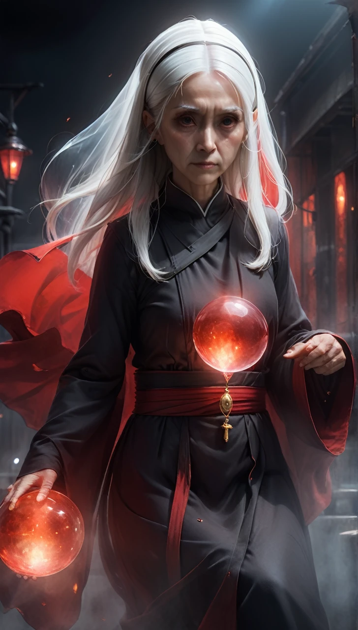 high resolution high quality Reality suspicious Japan nun In front of a round crystal Intimidation Upper Body Looming metallic Transparency Facing forward suspicious雰囲気 Dark atmosphere Upper Body Close-up of face Skinhead Bloodshot 65 years old Voluptuous Plump