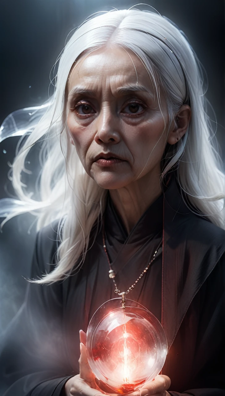 high resolution high quality Reality suspicious Japan nun In front of a round crystal Intimidation Upper Body Looming metallic Transparency Facing forward suspicious雰囲気 Dark atmosphere Upper Body Close-up of face Skinhead Bloodshot 65 years old Voluptuous Plump