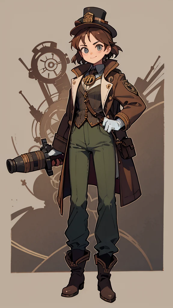 1.steampunk,,,Goggles on the forehead,A fake smile,gloves,whole body,boots,pants,hat,