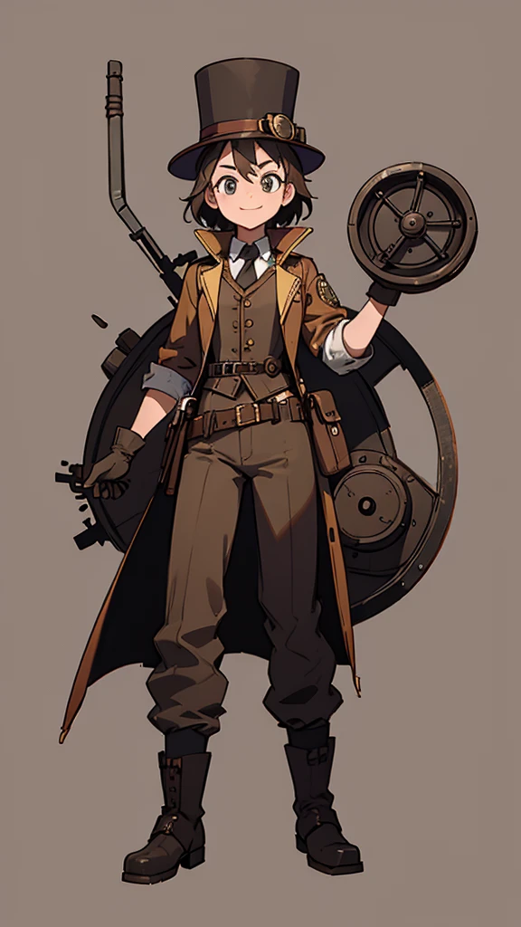 1.steampunk,15 years old,,Goggles on the forehead,A fake smile,gloves,whole body,boots,pants,hat,