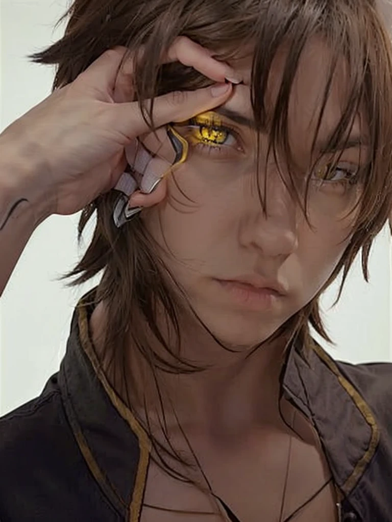 Dark brown hair boy piercing yellow eyes panther tail black jacket and jeans