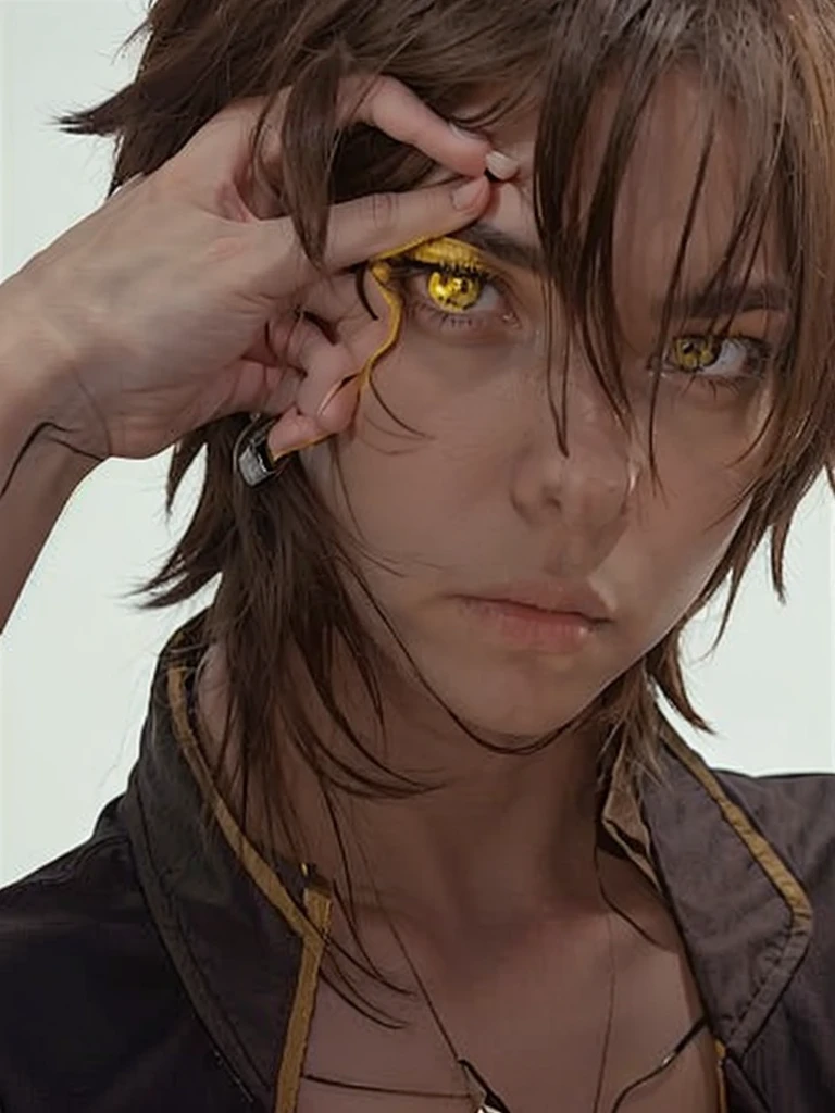Dark brown hair boy piercing yellow eyes panther tail black jacket and jeans