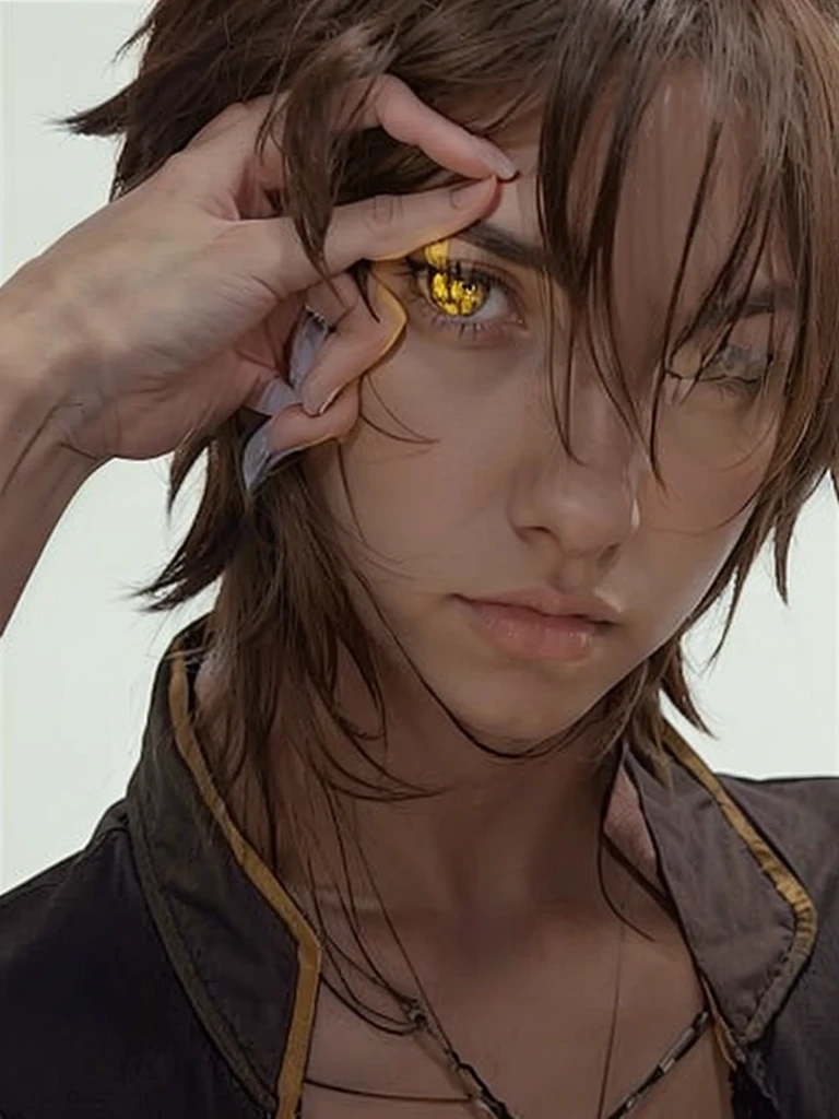 Dark brown hair boy piercing yellow eyes panther tail black jacket and jeans