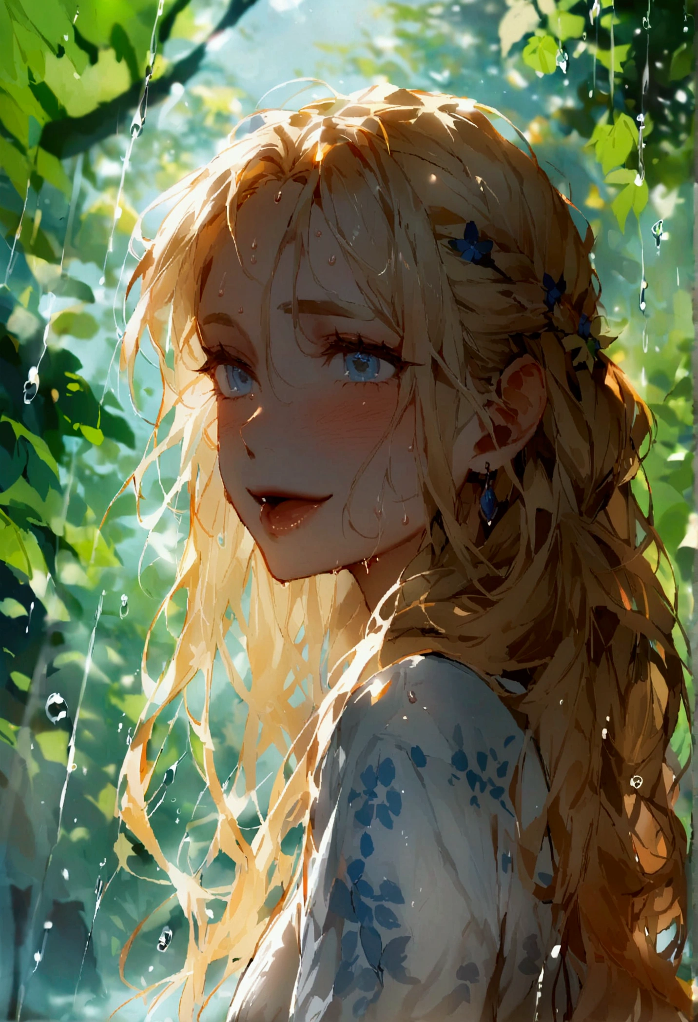 2 women,Age 25,Big Breasts,Long Row,alone,(background:peak,Rainforest,In the summer,stagnant water in the ground,exterior) Hairstyle is free,stride,sweating,soaked through,从front看,Long blonde hair , Partly cloudy,(((masterpiece),(Very detailedCGユニティ8K壁紙),Highest quality,Light,详细background,Beautiful and delicate eyes,Smart Student,(Very delicate and beautiful),(Beautifully detailed eye depiction),Very detailed,masterpiece,)),Facing the audience,front,High resolution,Very detailed),complexion,Open your mouth,smile