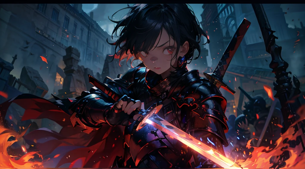 masterpiece, best quality, high quality, detailed, ultra detailed, hyper detailed, insanely detailed, exquisite, beautiful, FHD, Full-HD, 4K, 8K, 16K, highres, absurdres, ((1girl)), medium shot,mystic knight, serious look, sword fighting, covering one eye, black hair, red eyes, armor, long boots, with a sword, fantasy,hailoknight, holding sword, holding weapon
