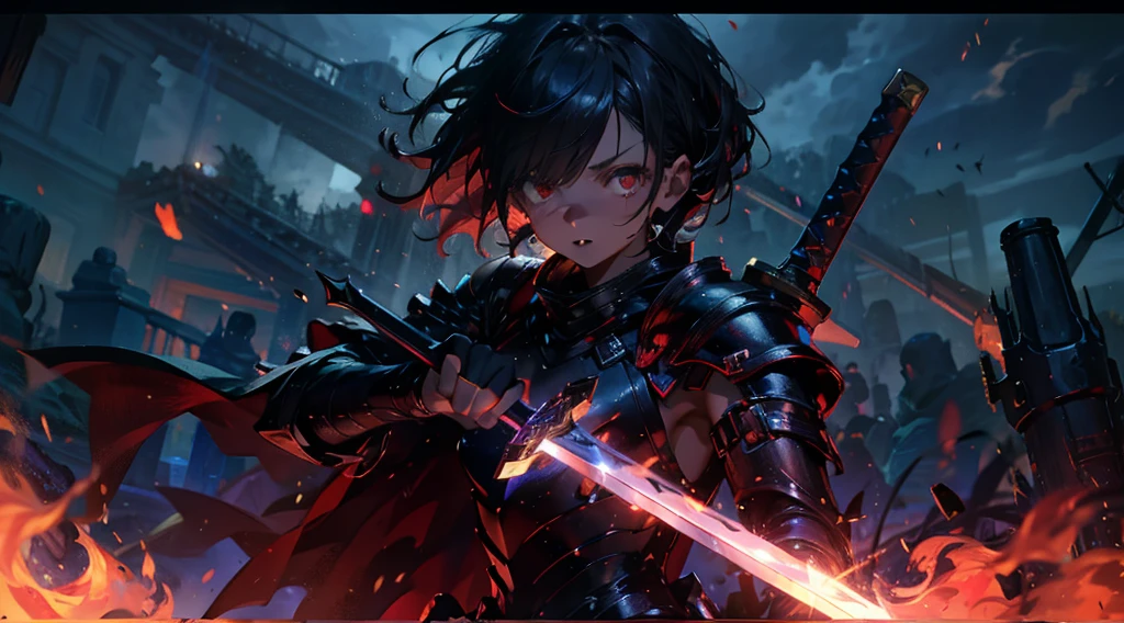 masterpiece, best quality, high quality, detailed, ultra detailed, hyper detailed, insanely detailed, exquisite, beautiful, FHD, Full-HD, 4K, 8K, 16K, highres, absurdres, ((1girl)), medium shot,mystic knight, serious look, sword fighting, covering one eye, black hair, red eyes, armor, long boots, with a sword, fantasy,hailoknight, holding sword, holding weapon