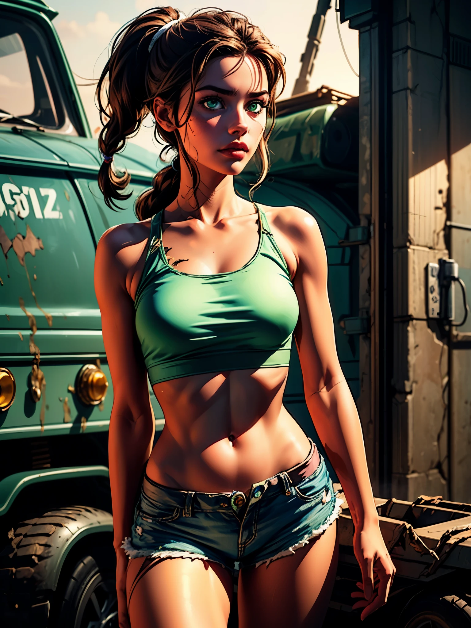 (best quality:1.4),masterpiece,ultra-detailed,delicate features,delicate skin,realism,beautiful lighting,cowboy shot,1girl,brown hair, pony tail,green eyes ,tareme, big , long hair,tanned skin, pink torn top, torn shorts, wasteland, laura croft,  sultry look, seductive,
