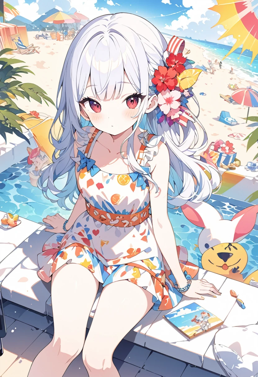 summer、1 girl、((Silver fur))、((Pink sparkly eyes))、A sloppy smile、Open your mouth、Swimwear、Highest quality、Ocean