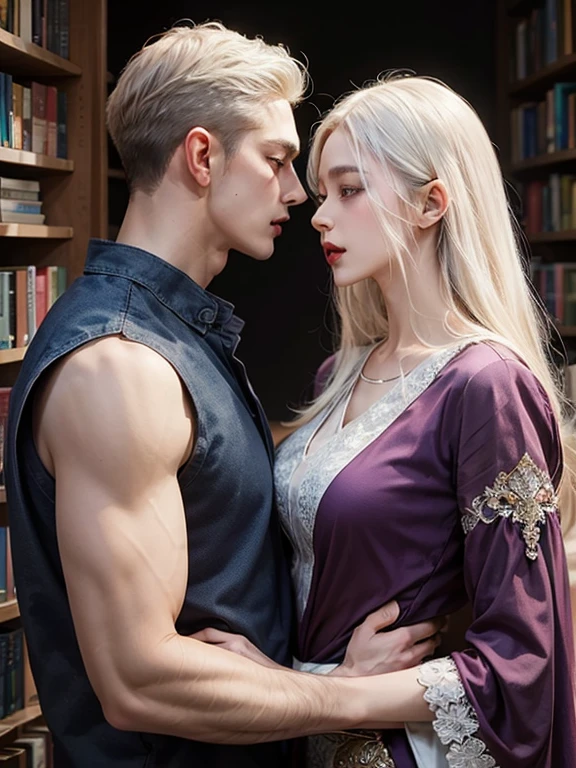 ((Best quality)), ((masterpiece)), (detailed), Beautiful couple, tall muscular man hugging a slender girl, Fantasy style, White hair, kiss, pumped up torso, Photorealism, book cover