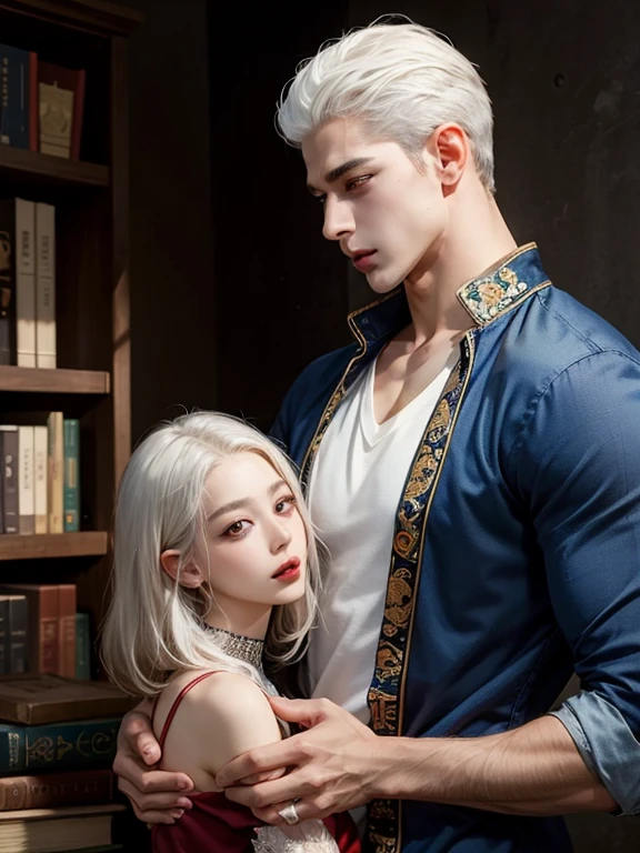 ((Best quality)), ((masterpiece)), (detailed), Beautiful couple, tall muscular man hugging a slender girl, Fantasy style, White hair, kiss, pumped up torso, Photorealism, book cover