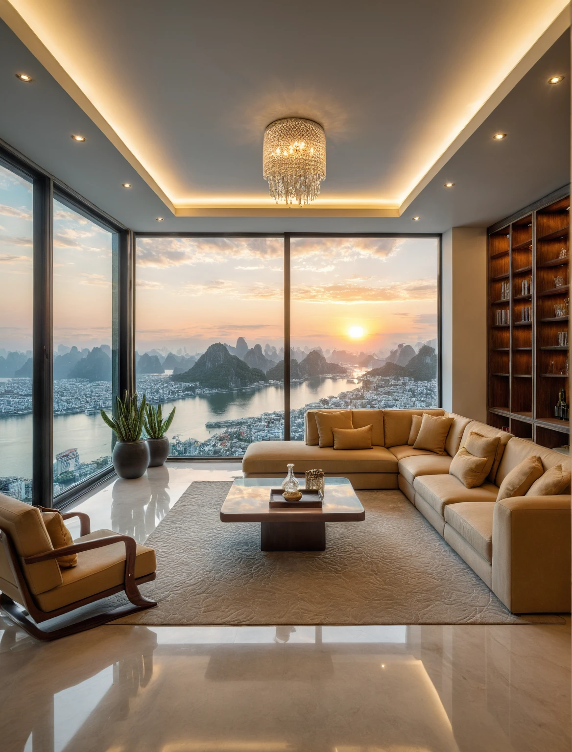 Raw photo,Masterpiece, high quality, best quality, authentic, super detail, interior, livingroom style modern luxury, sunset, day light, sofa, tea table, carpet, flower vase on tea table, wine bottle, tray, armchair, wine cabinet, books, glass cabinet doors, snake plant pot, halong bay view window, downlight, chandelier