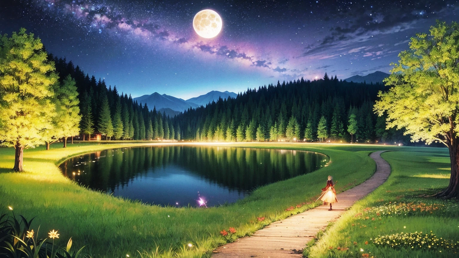 A 16:9 anime-style illustration depicting a female elf adventurer traveling through a fantastical grassland at night. The elf is dressed in elegant, fantasy attire, including a cloak and light armor, and is carrying a bow and quiver of arrows. She is walking along a path illuminated by the moon and stars, creating a magical glow. The grassland is filled with glowing flowers, fireflies, and distant mountains under the night sky. The atmosphere is serene and full of mystery, highlighting the elf's journey through the enchanting landscape.