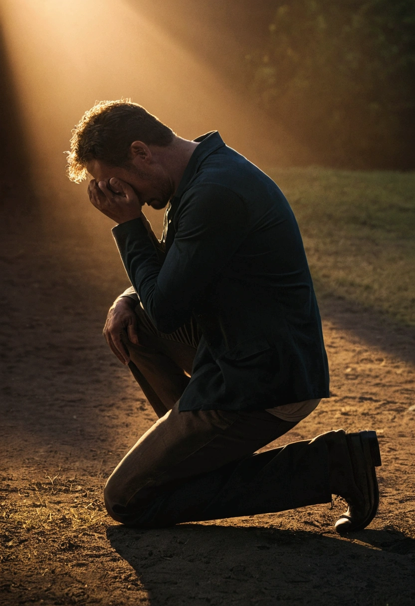 A man kneeling in despair
