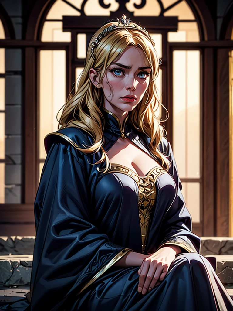 Cersei Lannister, as an anime character, brilliantly depicted with intricate details from the Game of Thrones series. her highly detailed attire, consisting of a majestic robe, shimmering with golden threads, accentuates her regal demeanor. The anatomy is portrayed with utmost accuracy, showcasing every curve and line of her body, conveying her stern and calculating nature. The cinematic color grading sets the scene, with hues of deep purple and harsh reds, reflecting her power and dominance. A shallow depth of field keeps the focus solely on Cersei, while the background is blurred with beautiful bokeh, enhancing the  sultry look, seductive,
