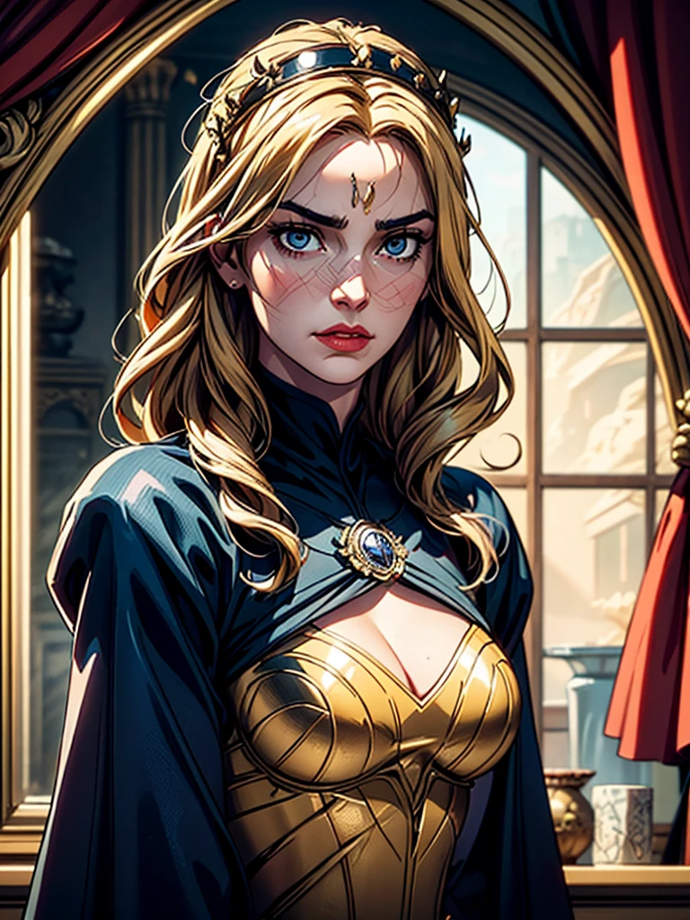 Cersei Lannister, as an anime character, brilliantly depicted with intricate details from the Game of Thrones series. her highly detailed attire, consisting of a majestic robe, shimmering with golden threads, accentuates her regal demeanor. The anatomy is portrayed with utmost accuracy, showcasing every curve and line of her body, conveying her stern and calculating nature. The cinematic color grading sets the scene, with hues of deep purple and harsh reds, reflecting her power and dominance. A shallow depth of field keeps the focus solely on Cersei, while the background is blurred with beautiful bokeh, enhancing the sultry look, seductive,
