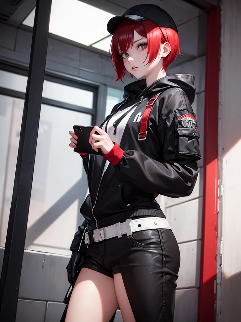 (((onli one woman))) girl with short red Bob style hair, white skin, light brown eyes, black gloves, black hoodie on head, black pants with straps [Girl using a smartphone]