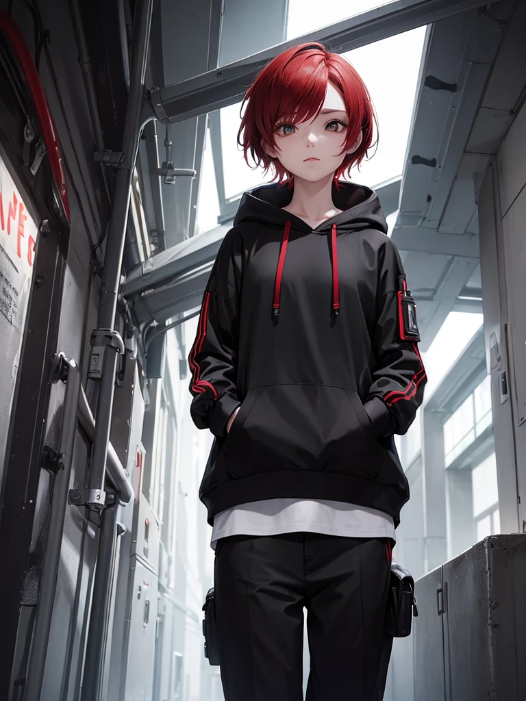 (((onli one woman))) girl with short red Bob style hair, white skin, light brown eyes, black gloves, black hoodie on head, black pants with straps [Girl using a smartphone]