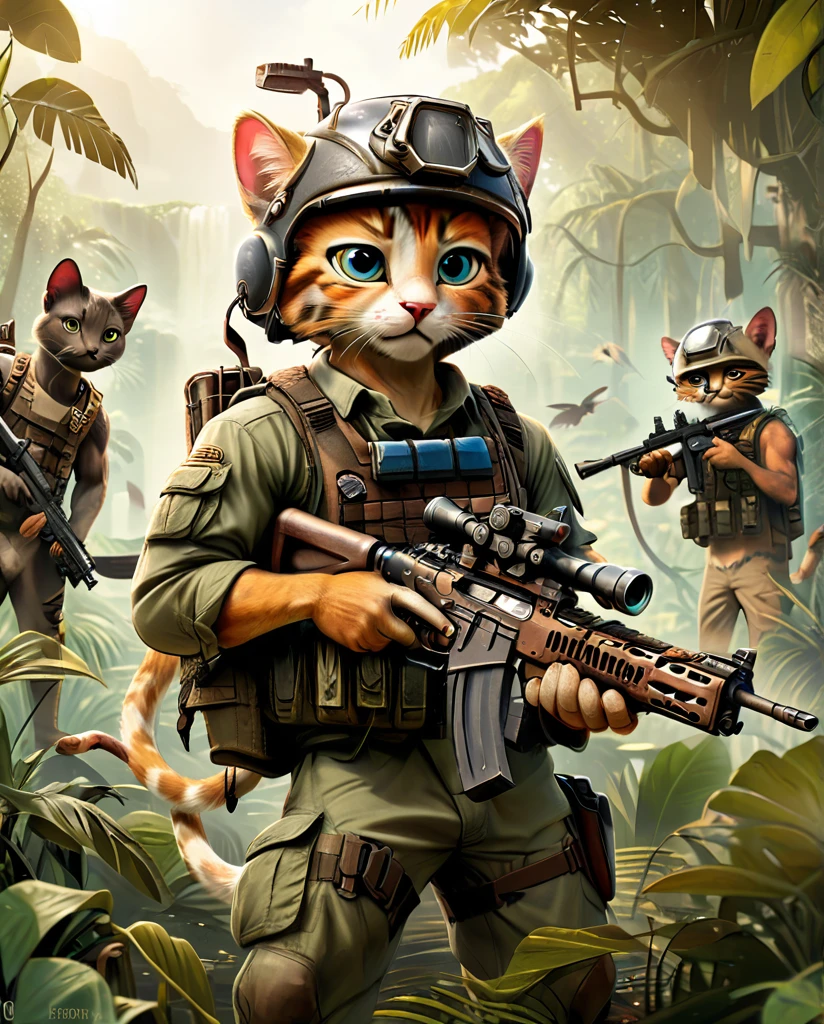 high quality　Kitten practicing shooting(Personification)　He has a rifle.　wearing a helmet　Together with friends　Different kinds of kittens　In the jungle