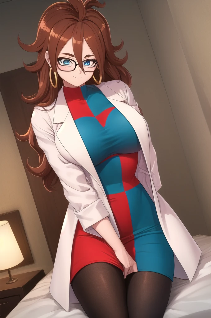 android21, 1girl, solo, blue eyes, brown hair, long hair, curly hair, hair between eyes, jewelry, hoop earrings, glasses,
checkered dress, two-tone dress, multicolored dress, tight dress, turtleneck, black pantyhose, labcoat, long sleeves,
smile,closed mouth,cowboy shot, bedroom background, blushing, Big breasts, bent over, thick legs, sitting on bed, arms up, nipples visible
(insanely detailed, beautiful detailed face, masterpiece, best quality) cinematic lighting,