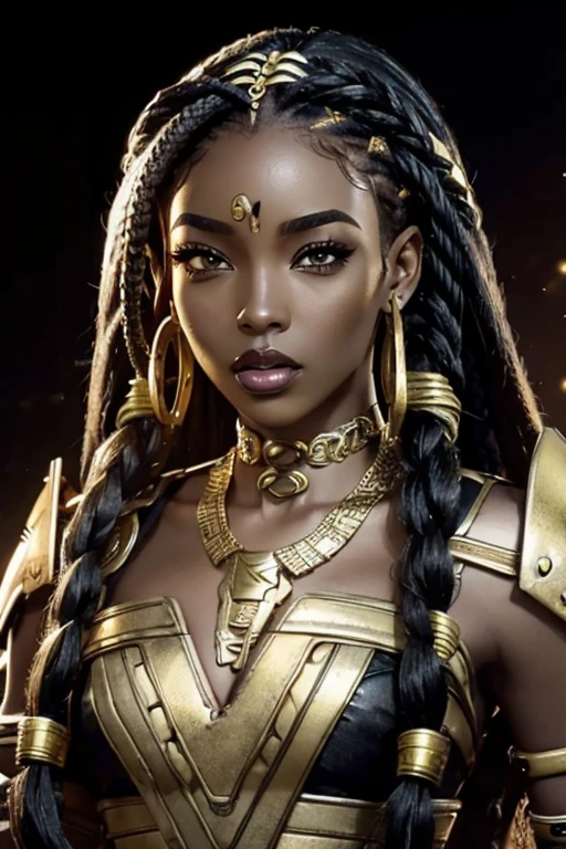 masterpiece, best quality, 1woman with dreads and a fancy luxurious dress posing for a picture, dark skin female, inspired by Magali Villeneuve, black african woman, contemporary clothing, modern clothes, stunning african princess, inspired by Thomas Blackshear, wearing gold and silver dress, detailed character portrait, sleek gold dress