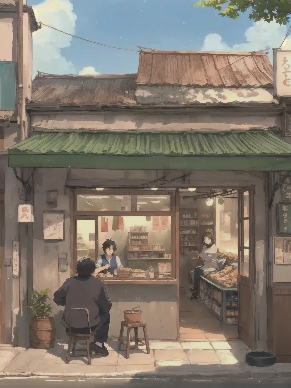 Anime scene with a man and a woman sitting outside a small store, Anime Background Art, in Makoto Shinkai's style, Makoto Shinkai's style, Anime Landscape Concept Art, commend, commend art, Low-fidelity illustration style, commend artstyle, Shinkai Makoto style, Studio Ghibli's art style, Studio Ghibli Aesthetics