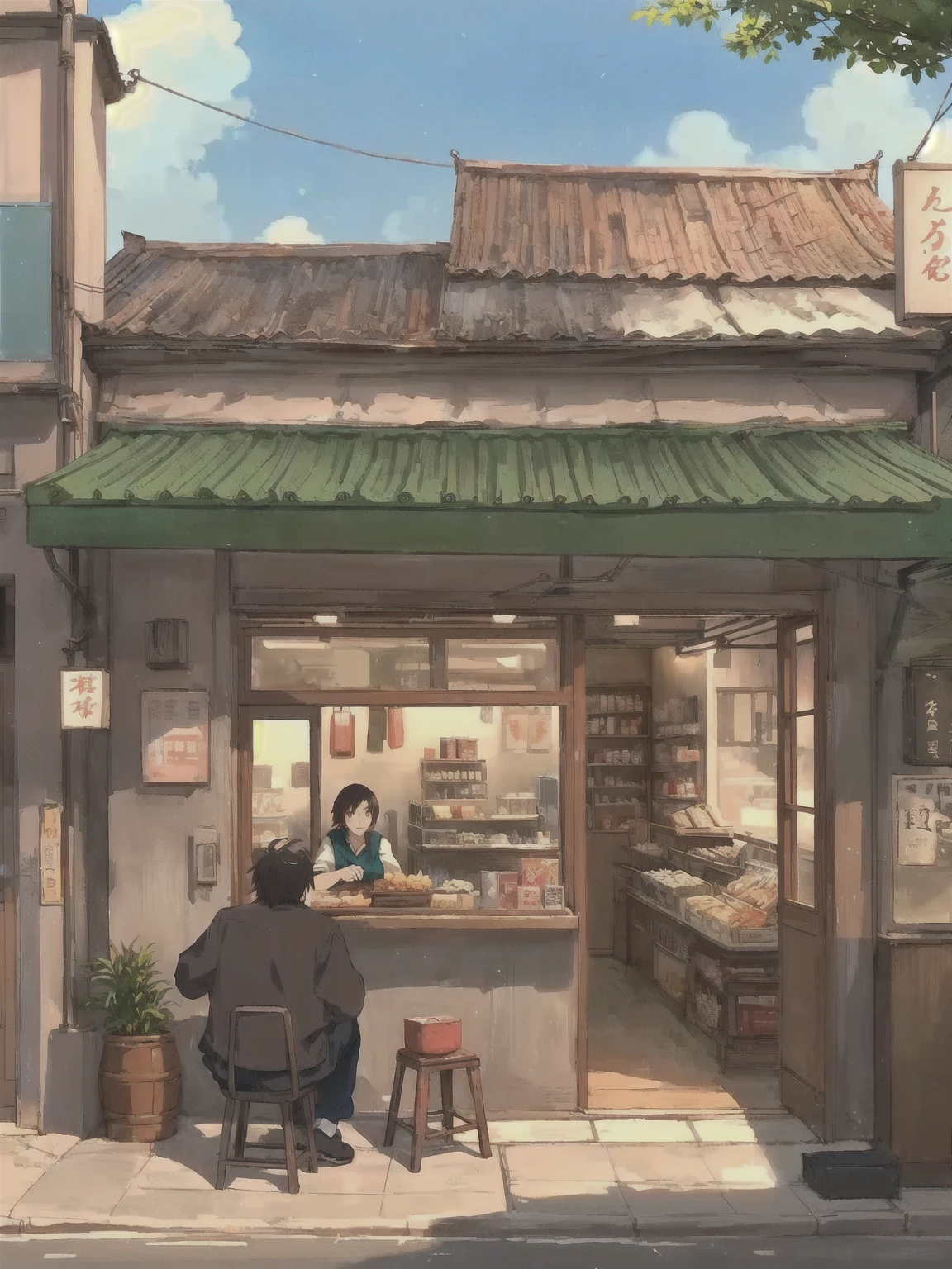 Anime scene with a man and a woman sitting outside a small store, Anime Background Art, in Makoto Shinkai's style, Makoto Shinkai's style, Anime Landscape Concept Art, commend, commend art, Low-fidelity illustration style, commend artstyle, Shinkai Makoto style, Studio Ghibli's art style, Studio Ghibli Aesthetics