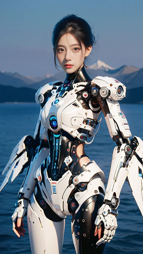 {{best quality, 1080P, Masterpiece, Ultra high resolution, photorealistic, ultra realism, Realistic skin texture, Extreme skin detail, dslr, Detailed eyes, Facing the camera, very beautiful face, Concise facial structure, Pale skin, Realistic skin texture, Extreme skin detail, oc render reflection textures, Realistic light and shadow, Single picture, alone, The body is slim and balanced., Age 20, Height 170, naked girl, Nude, no underwear, A girl with the body of a mechanical robot., The mechanical cervix is attached to the neck., flat stomach, Woman with perfect robot arms and legs, full body view, Whole body photo.}}