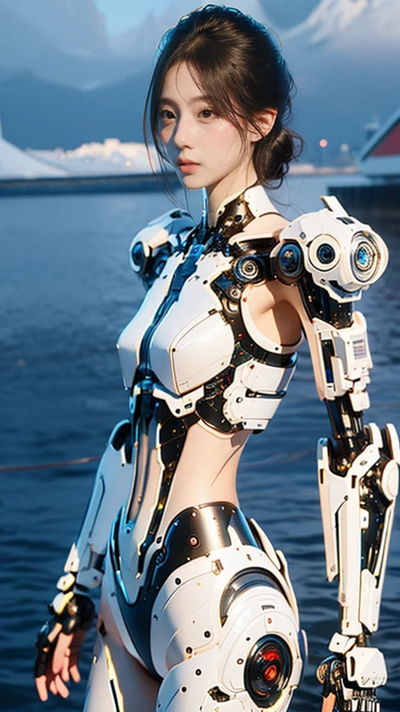 {{best quality, 1080P, Masterpiece, Ultra high resolution, photorealistic, ultra realism, Realistic skin texture, Extreme skin detail, dslr, Detailed eyes, Facing the camera, very beautiful face, Concise facial structure, Pale skin, Realistic skin texture, Extreme skin detail, oc render reflection textures, Realistic light and shadow, Single picture, alone, The body is slim and balanced., Age 20, Height 170, naked girl, Nude, no underwear, A girl with the body of a mechanical robot., The mechanical cervix is attached to the neck., flat stomach, Woman with perfect robot arms and legs, full body view, Whole body photo.}}
