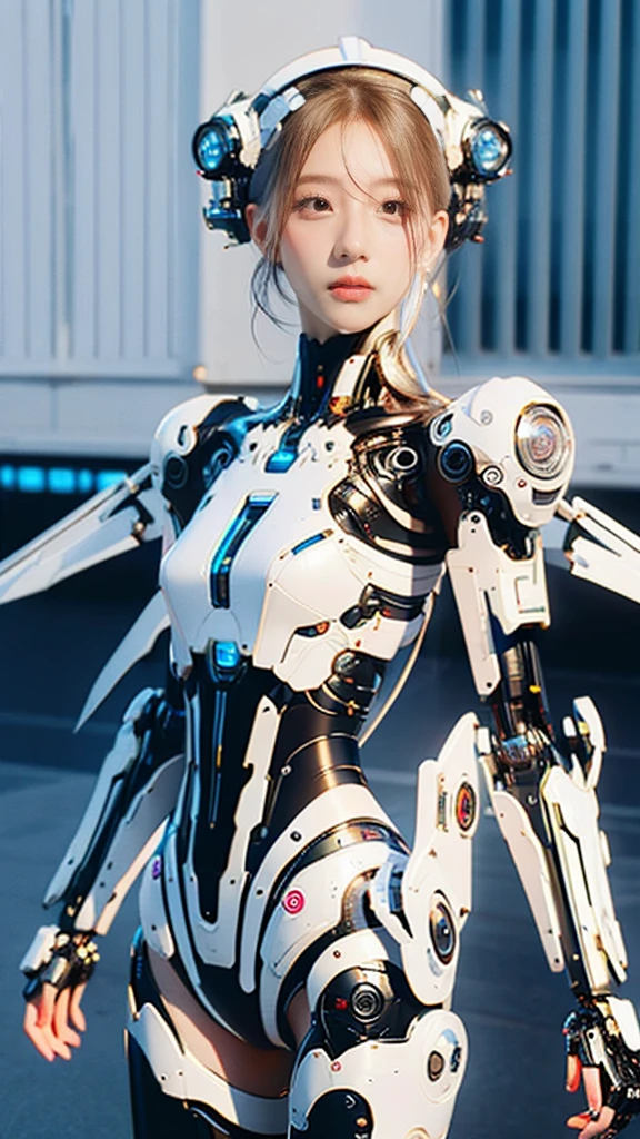 {{best quality, 1080P, Masterpiece, Ultra high resolution, photorealistic, ultra realism, Realistic skin texture, Extreme skin detail, dslr, Detailed eyes, Facing the camera, very beautiful face, Concise facial structure, Pale skin, Realistic skin texture, Extreme skin detail, oc render reflection textures, Realistic light and shadow, Single picture, alone, The body is slim and balanced., Age 20, Height 170, naked girl, Nude, no underwear, A girl with the body of a mechanical robot., Transparent futuristic black glass mech armor suit, The mechanical cervix is attached to the neck., The robot circuit is stuck in the middle of the back., flat stomach, Woman with perfect robot arms and legs, full body view, Whole body photo.}}