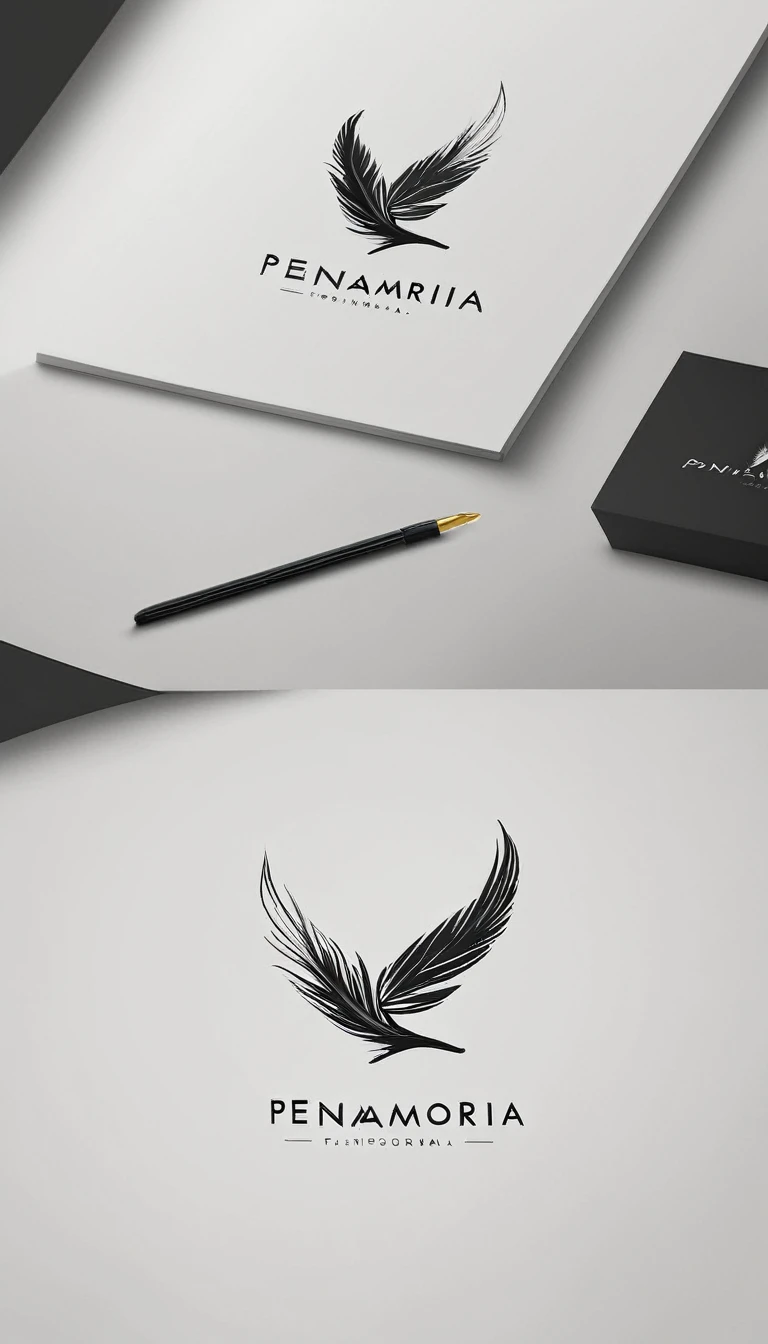 A minimal, modern, simple, cinematic logo design for the brand “Penamemoria". Create a modern, minimalistic, high-quality, logo of a feather-bird
