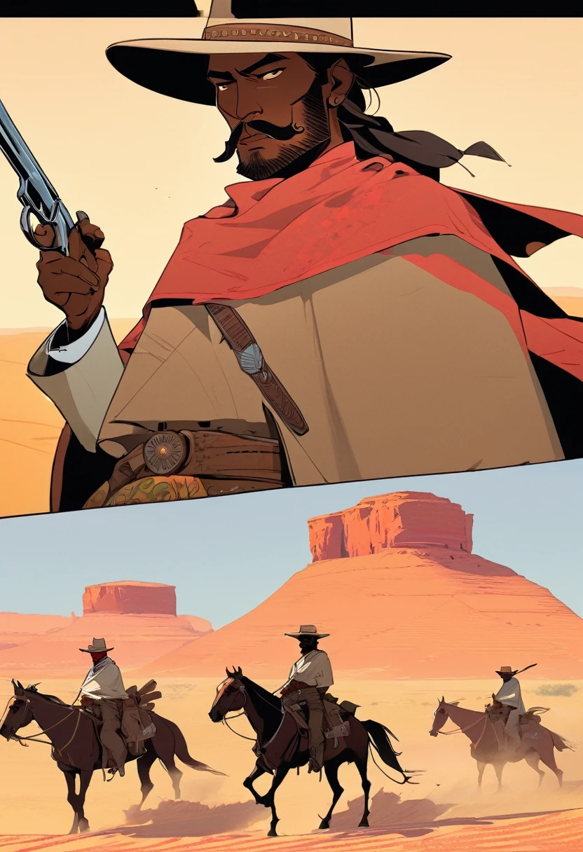 score_9, score_8_up, score_7_up, score_6_up, score_5_up, score_4_up, 1man, Western, Desert, red sun, scorching sun, arid, Horizon, far away, Wild West, red dead Redemption, cartoon art style, Light brown skin, Mexican, poncho, pistol 38, massive mustache, Sombrero, horse, Smoking Cigarette
