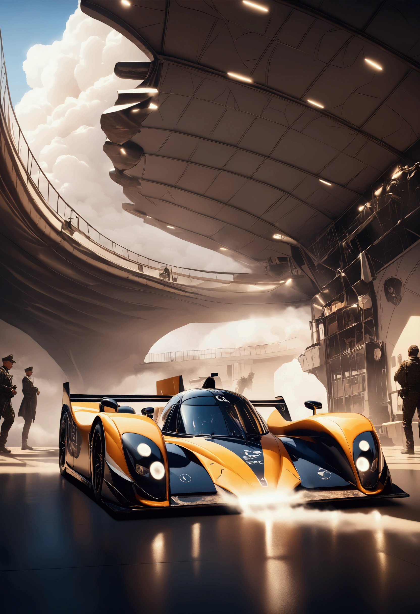 a racing prototype car with desert princess written on the side, a painting of a desert princess, military airfield, highly detailed, photorealistic, 8k, hyper detailed, cinematic lighting, dramatic sky, volumetric fog, epic, intricate details, award winning, masterpiece, studio quality, sharp focus, physically based rendering, extreme detail description, professional, vivid colors, dramatic lighting, atmospheric, gritty, military precision, seamless, stunning visual effects