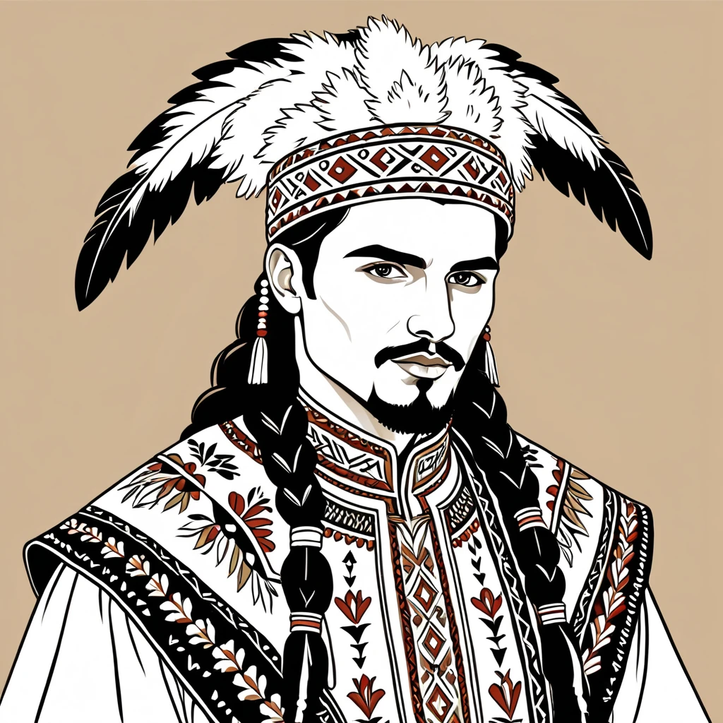 man in native ancient romanian folk outfit, vector graphics, strong contours