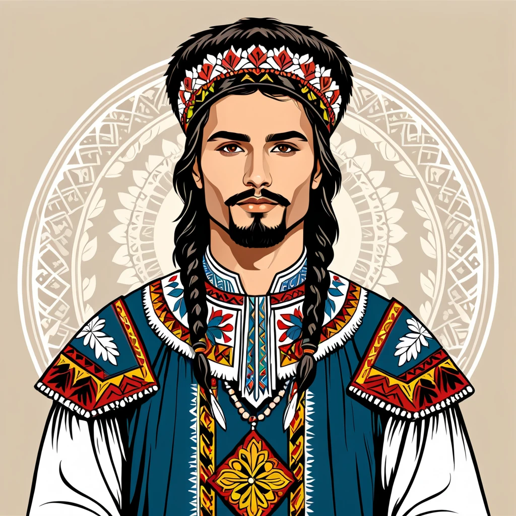 man in native ancient romanian folk outfit, vector graphics, strong contours