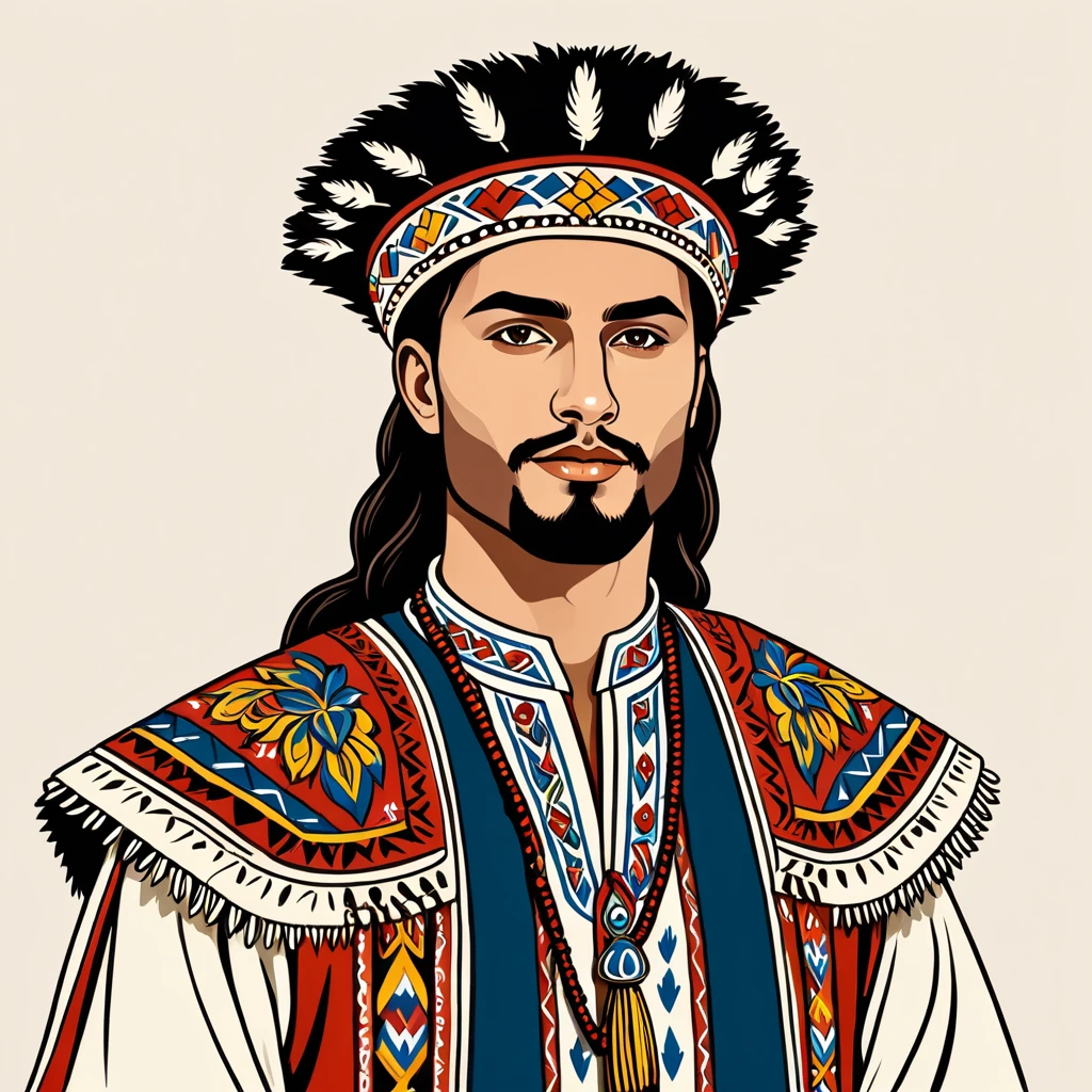 man in native ancient romanian folk outfit, vector graphics, strong contours
