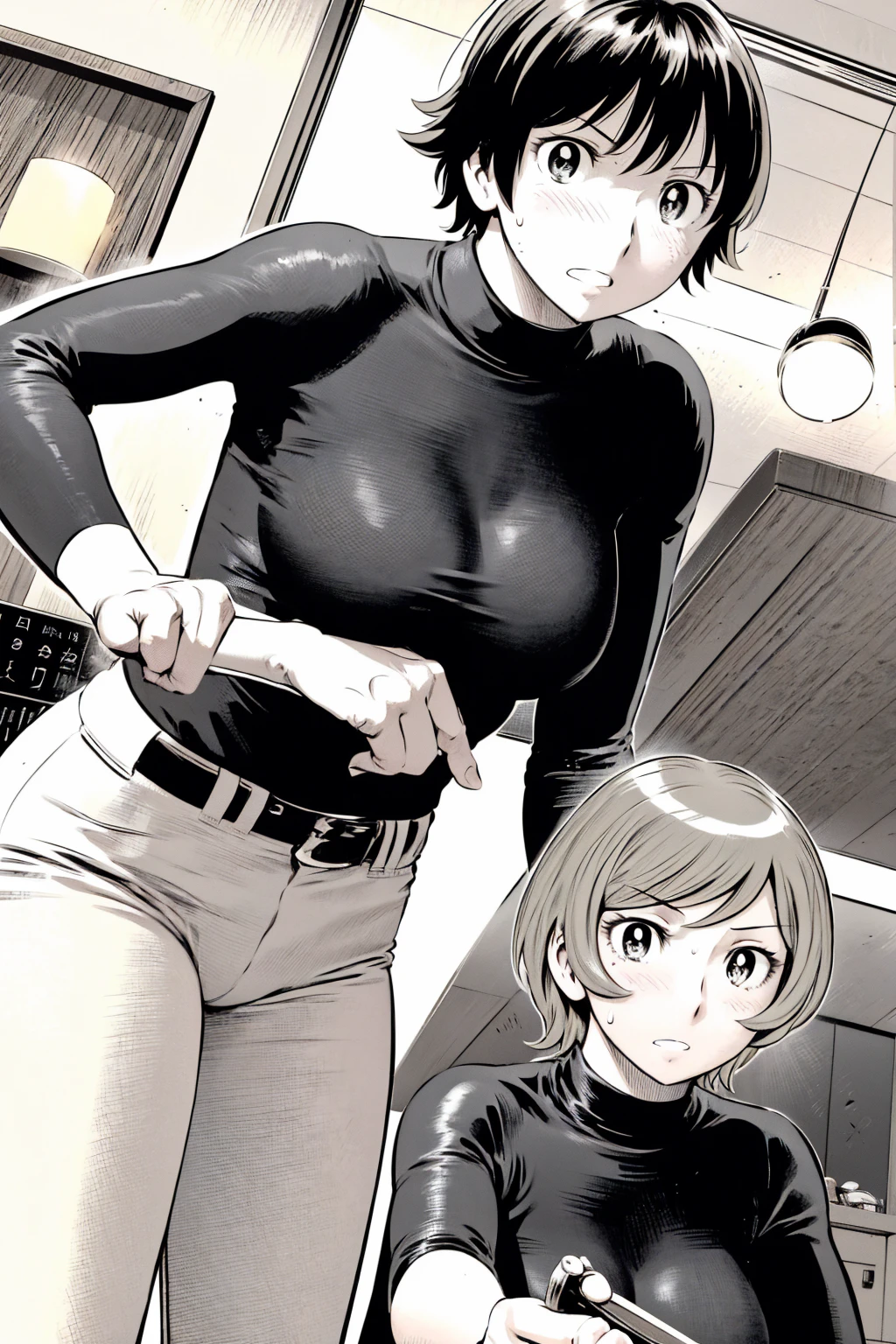、(masterpiece、Highest quality)、Highest quality, Ultra-high resolution, (((masterpiece))), alone, Sweat、Big eyes,Tight black shirt、Tight white pants、belt、indoor、Composition from the front、(後ろCut your hair short、short hair、blonde、woman)、Shortcuts、Embarrassed face、Cut your hair short、可愛いwomanの子、Big Breasts、office、Baseball Cap