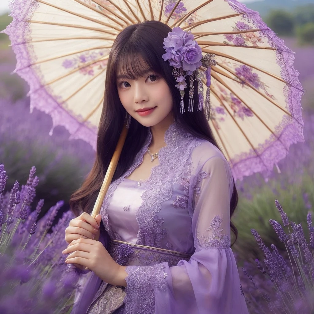 a solo girl model,violet,half smile,umberella,lavender savana