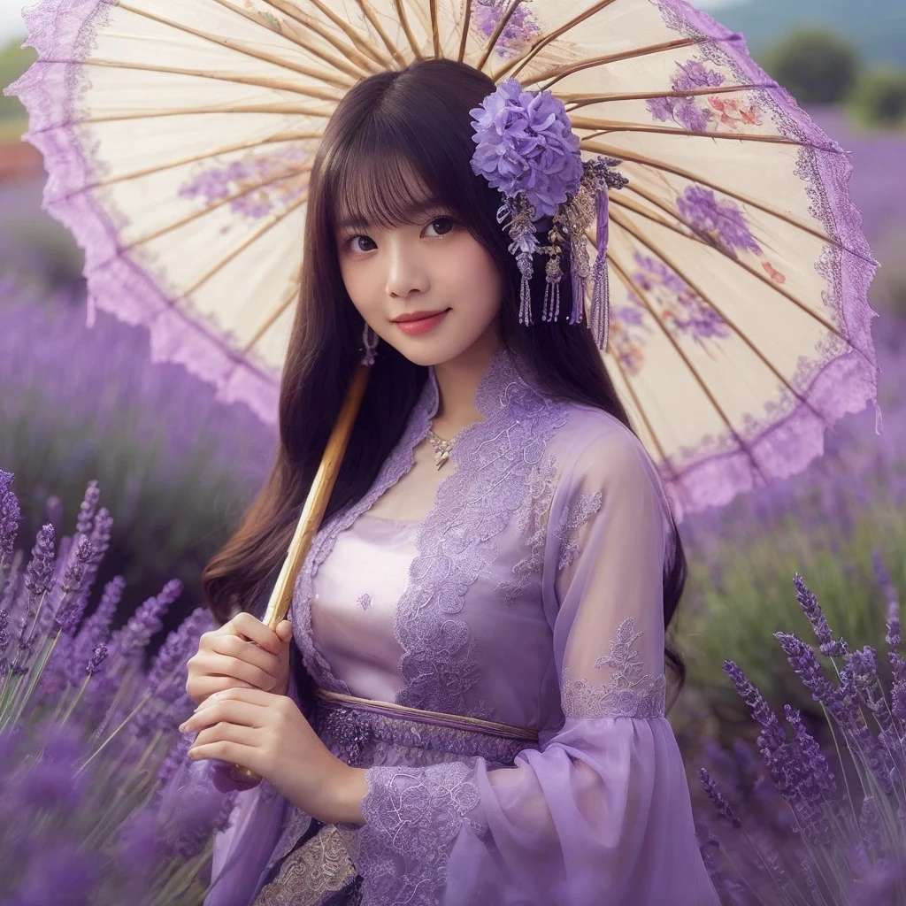 a solo girl model,violet,half smile,umberella,lavender savana