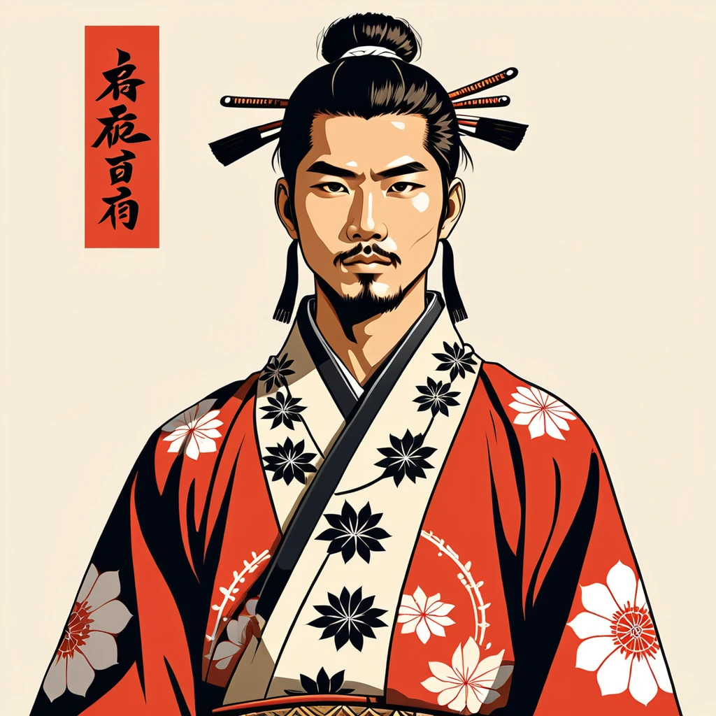 man in native japanese folk outfit, vector graphics, strong contours