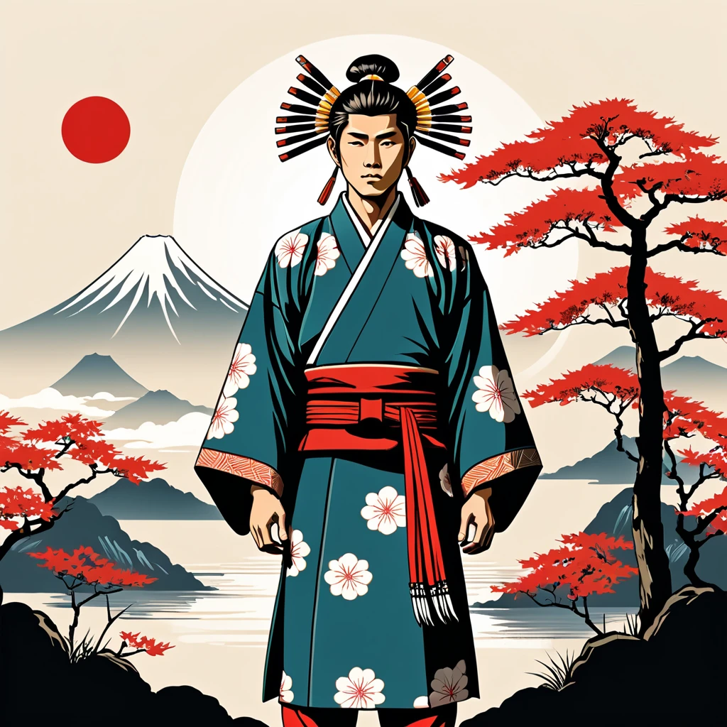 man in native japanese folk outfit, vector graphics, strong contours