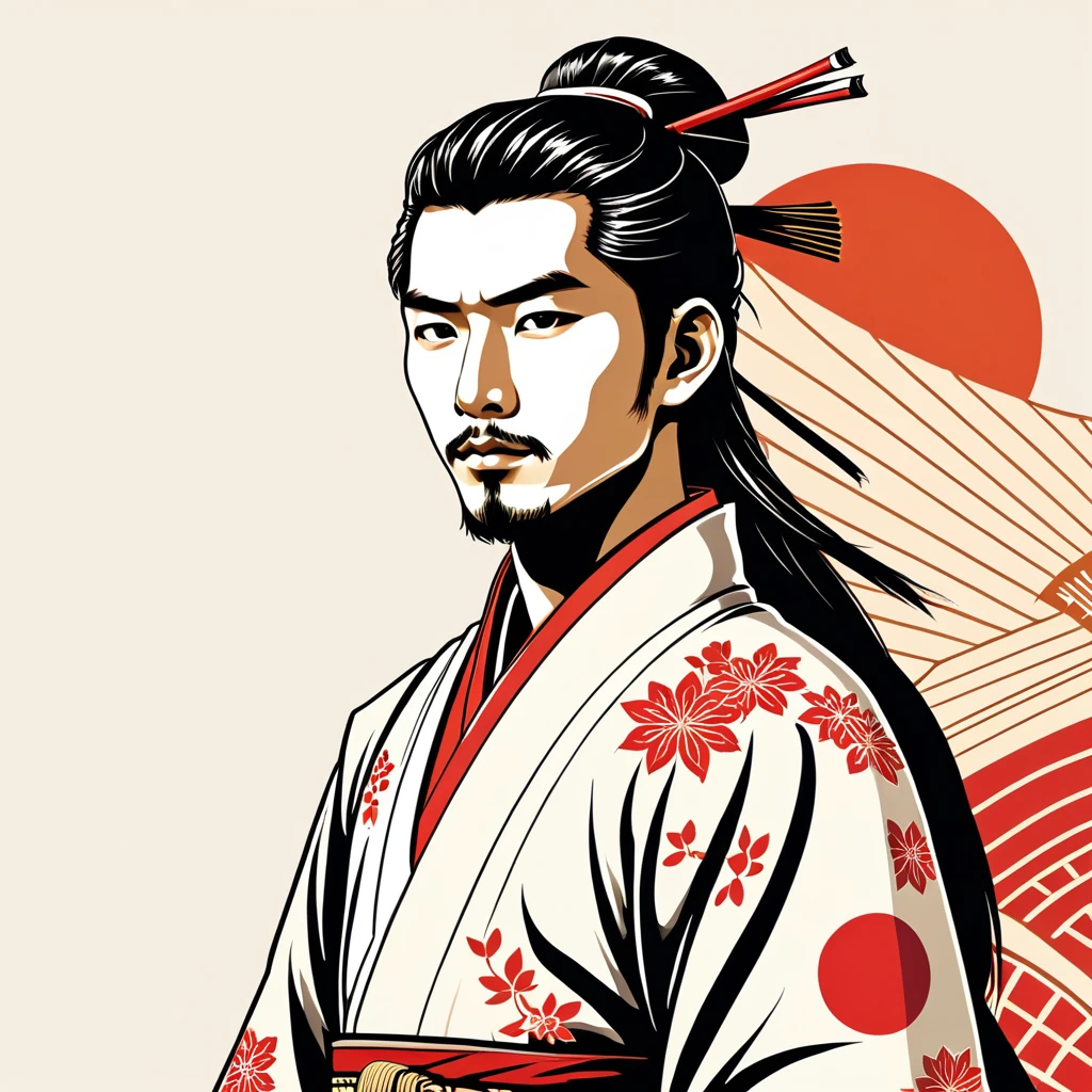 man in native japanese folk outfit, vector graphics, strong contours