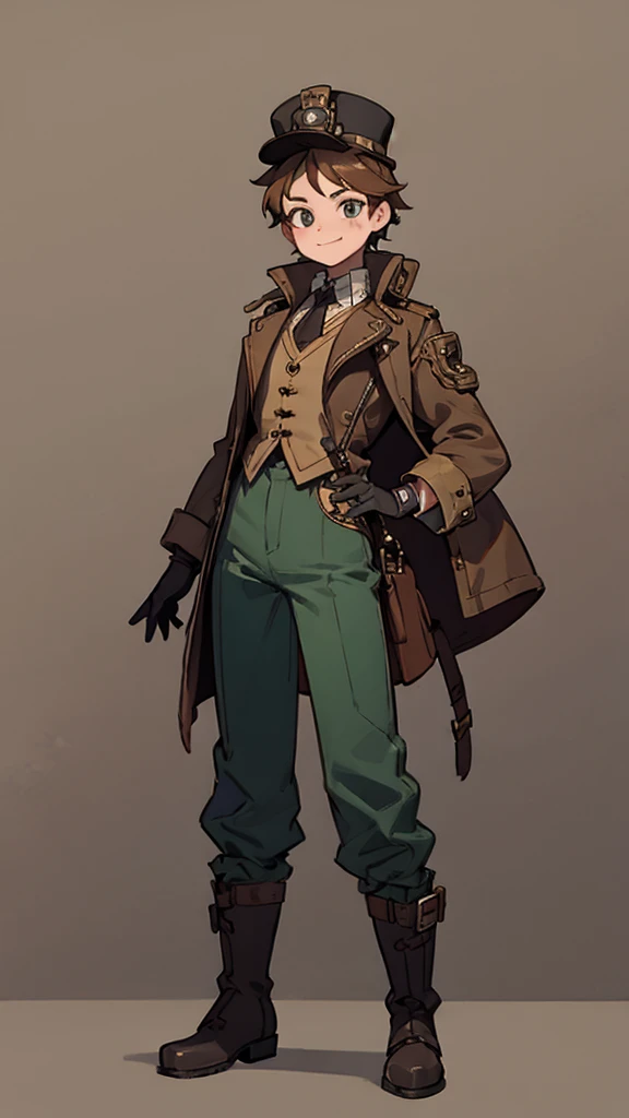 1.steampunk,15 years old,,Goggles on the forehead,A fake smile,gloves,whole body,boots,pants,hat