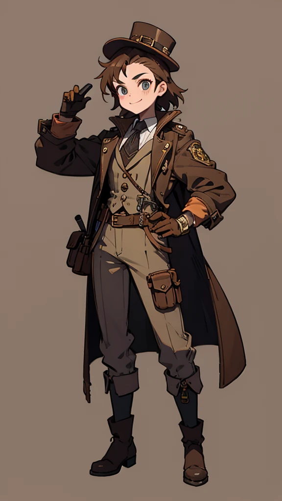 1.steampunk,15 years old,,Goggles on the forehead,A fake smile,gloves,whole body,boots,pants,hat