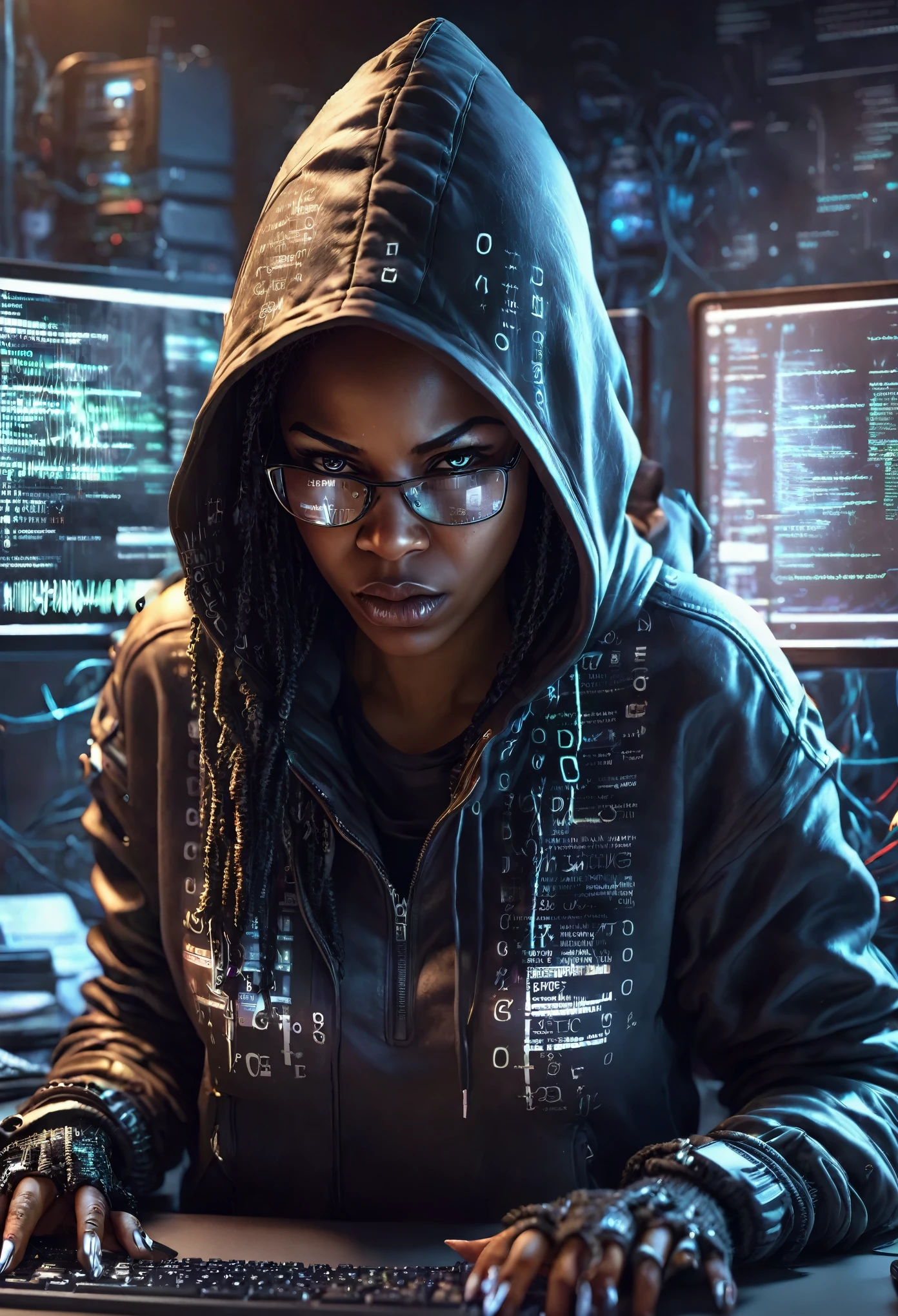 Angry black woman cyber hacker wearing a hood jumper, typing on a computer with computer codes and numbers reflecting on her glasses, she's in a dark room full of computers, 32k, ultra HD, unreal engine rendered, cinematic lighting 